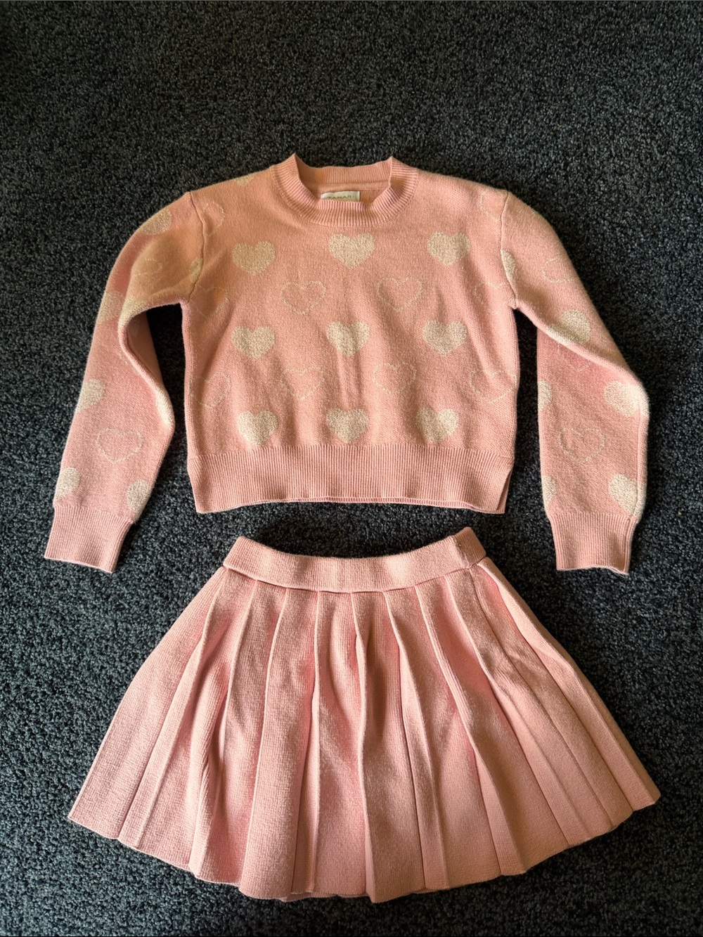 Tahari Pink Knit Heart Sweater and Pleated Skirt Set